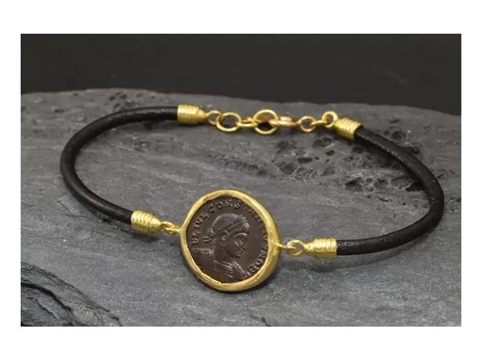 Gold Bracelet and Leather with Authentic Roman Coin