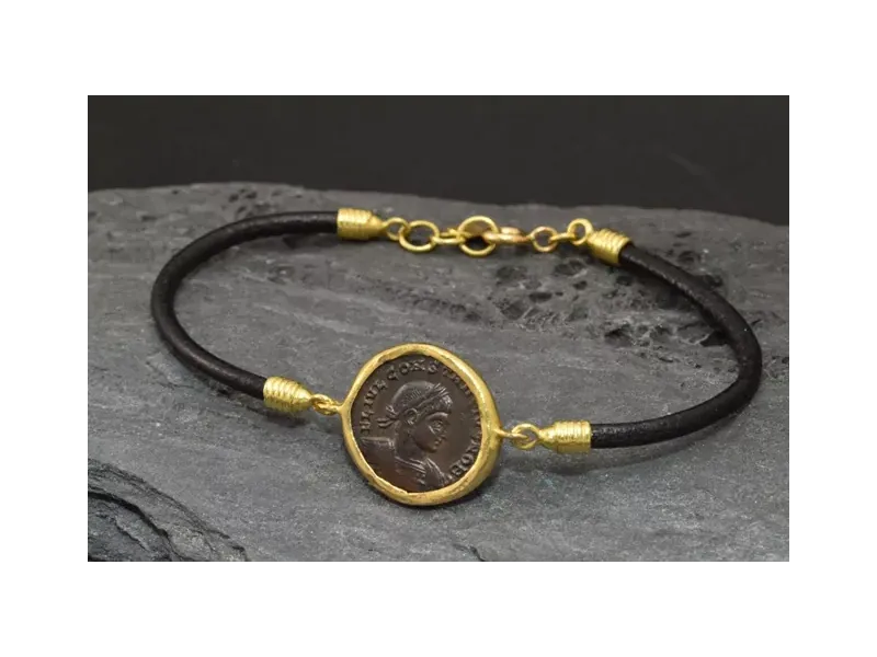 Pulsera de oro y cuero con Moneda Romana Auténtica