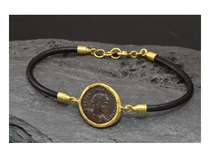 Pulsera de oro y cuero con Moneda Romana Auténtica