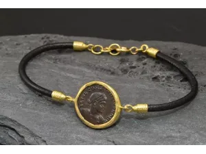 Gold Bracelet and Leather with Authentic Roman Coin