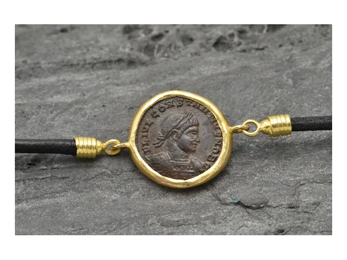 Pulsera de oro y cuero con Moneda Romana Auténtica