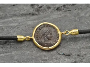 Gold Bracelet and Leather with Authentic Roman Coin