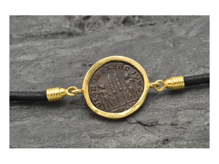 Gold Bracelet and Leather with Authentic Roman Coin