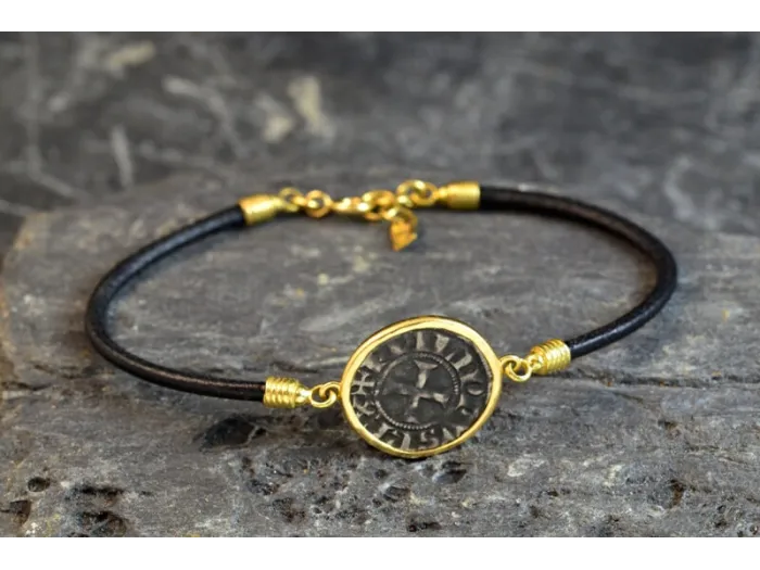 Gold Bracelet and Leather with Medieval Coin