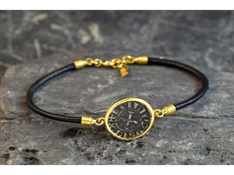 Pulsera de ouro e coiro con Moeda Medieval LU54