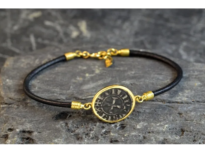 Pulsera de ouro e coiro con Moeda Medieval LU54