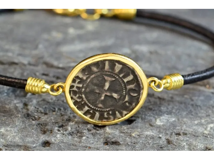 Pulsera de ouro e coiro con Moeda Medieval LU54