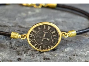 Pulsera de ouro e coiro con Moeda Medieval LU54