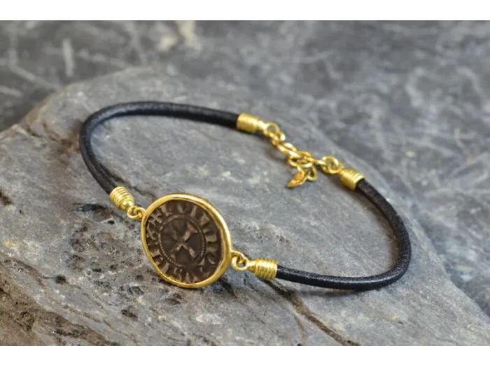 Pulsera de ouro e coiro con Moeda Medieval LU54