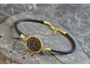 Pulsera de ouro e coiro con Moeda Medieval LU54