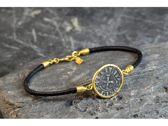 Pulsera de ouro e coiro con Moeda Medieval LU54