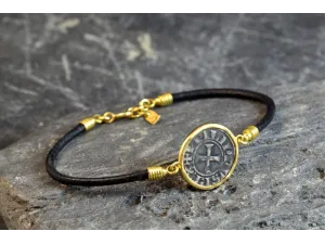 Pulsera de ouro e coiro con Moeda Medieval LU54