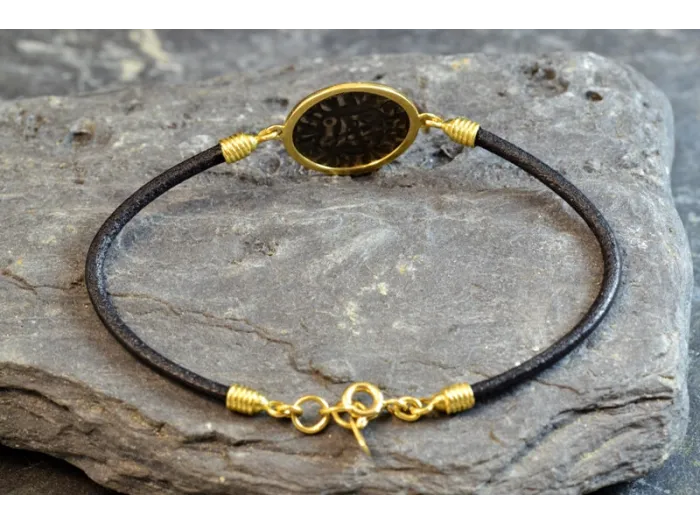 Pulsera de ouro e coiro con Moeda Medieval LU54