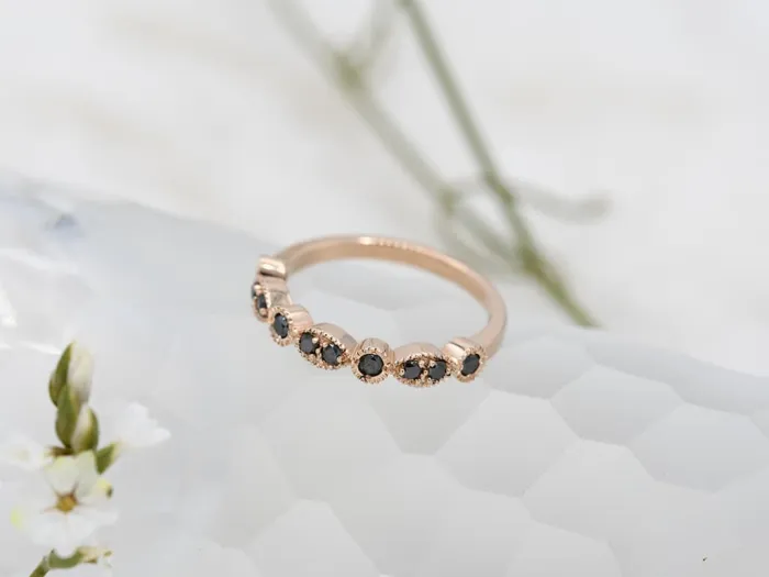 18K Victorian Rose Gold Ring with Black Diamonds