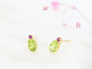 Yellow Gold Earrings with Peridot and Ruby