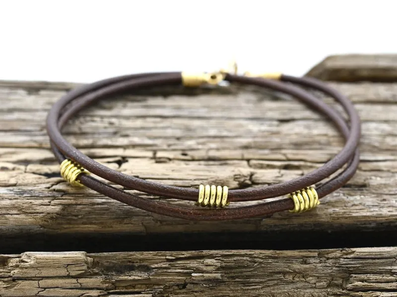 Double Brown Leather and Gold Bracelet