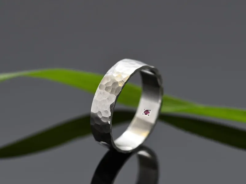 18K White Gold Ring Matte Hammered Finish