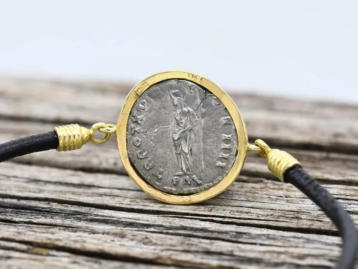 Gold and Leather Bracelet with Authentic Roman Coin