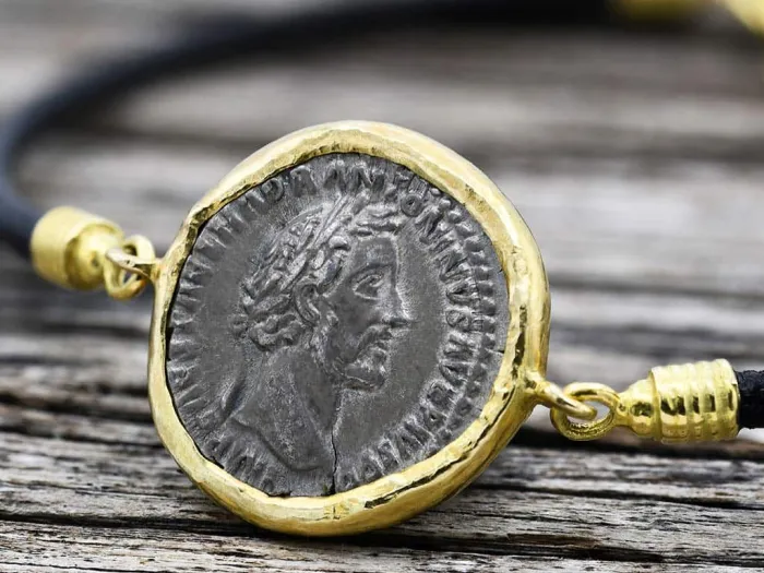 Gold and Leather Bracelet with Authentic Roman Coin