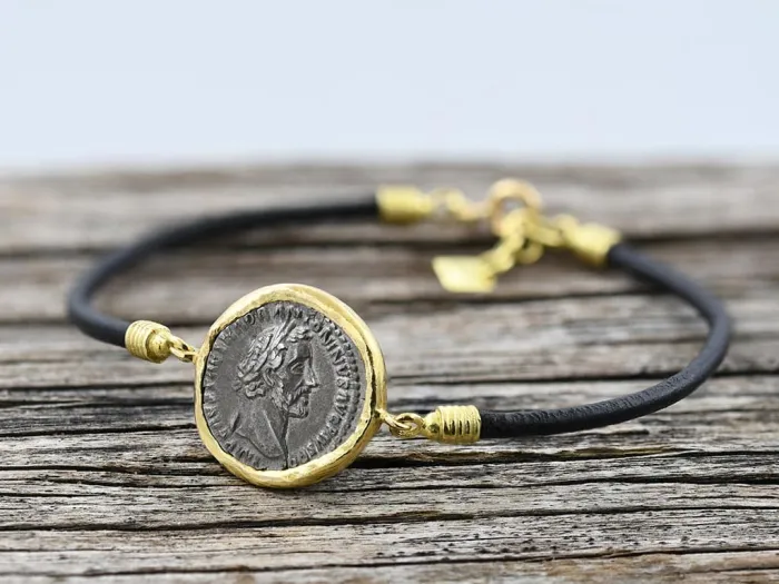 Gold and Leather Bracelet with Authentic Roman Coin