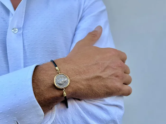 Gold and Leather Bracelet with Authentic Roman Coin