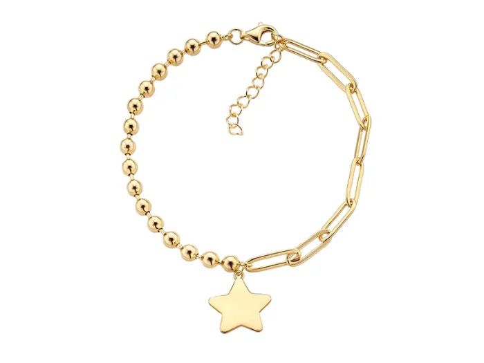 Pulsera de plata dorada combinando dos mallas y colgante de estrella