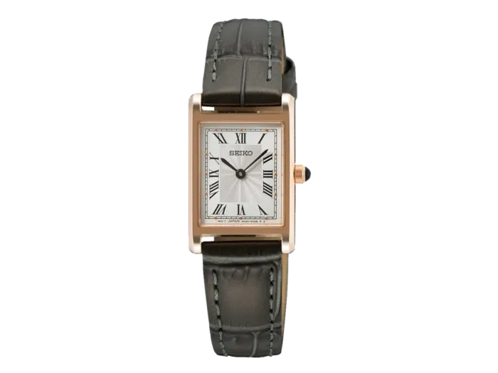 Seiko Watch with a grey Strap and a rectangualr Dial