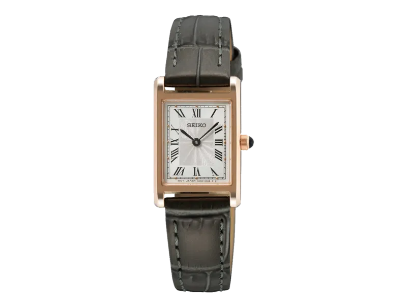 Seiko Watch with a grey Strap and a rectangualr Dial