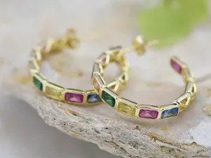 Pendentes Aros en Prata Dourada con Xemas de Cores