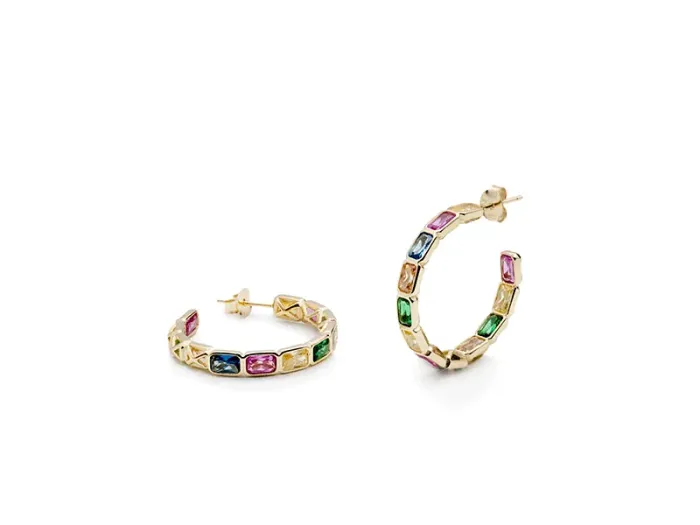 Pendentes Aros en Prata Dourada con Xemas de Cores