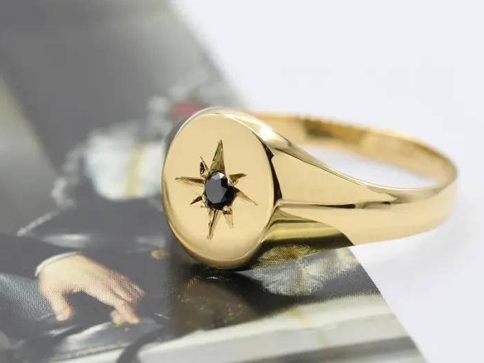 Gold Seal Ring with Black Diamond