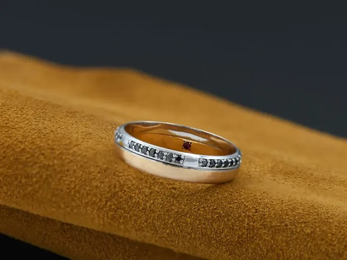 White and Rose Gold Wedding Ring with Black Diamonds